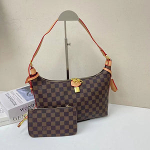 Luxury Designer Shoulder Bag with Checkered Pattern and Matching Pouch