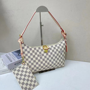 Luxury Designer Shoulder Bag with Checkered Pattern and Matching Pouch